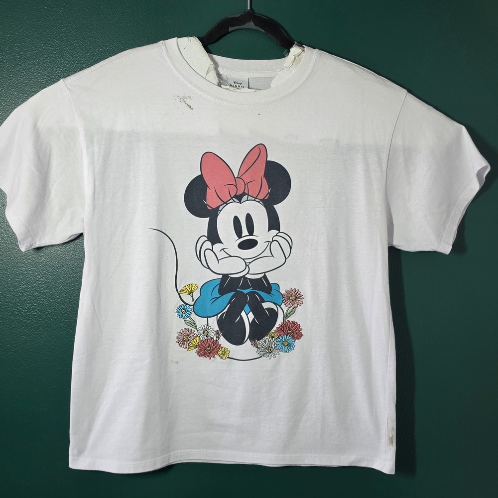 Disney Minnie Mouse White Graphic T-Shirt Embroidered Flowers IESJCQ1-4L17